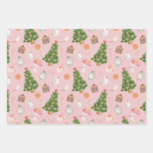 Watercolor Boom cadeau Kerststok Patroon Inpakpapier Vel (Voorkant 3)