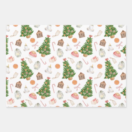 Watercolor Boom cadeau Kerststok Patroon Inpakpapier Vel (Voorkant)