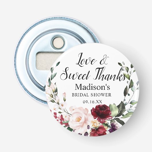 Watercolor bordeauxroze bloemboeket bedankje button flesopener (Voorkant)