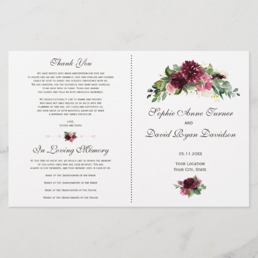 Watercolor bordeauxroze bloemstuk bruiloftsprogram (Voorkant)