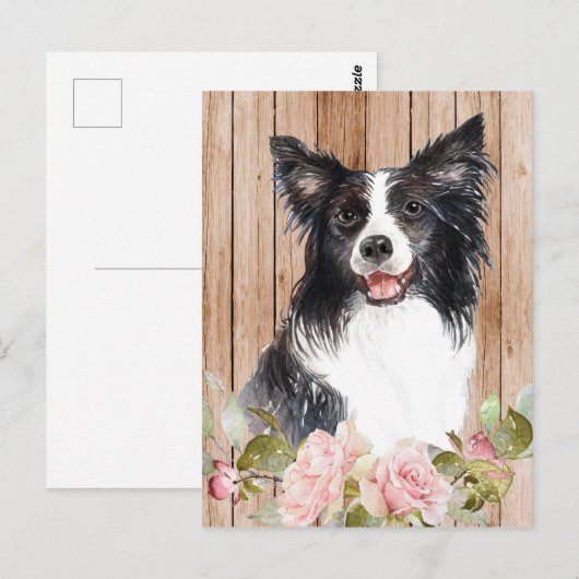 Watercolor Border Collie & Bloemen Briefkaart (Voorkant / Achterkant)