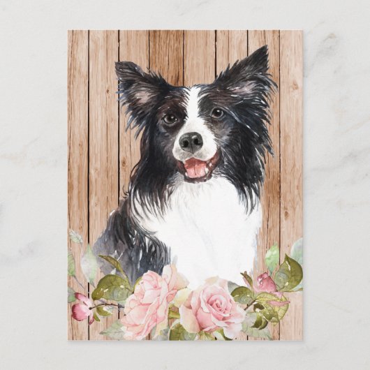 Watercolor Border Collie & Bloemen Briefkaart (Voorkant)