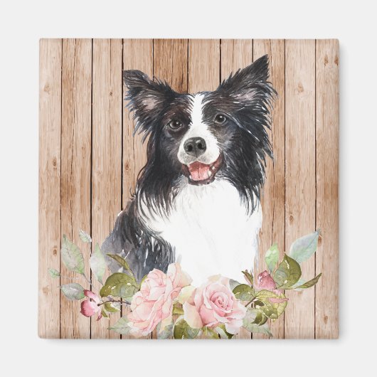 Watercolor Border Collie & Bloemen Magneet (Voorkant)