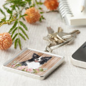 Watercolor Border Collie & Bloemen Sleutelhanger (Zijkant)