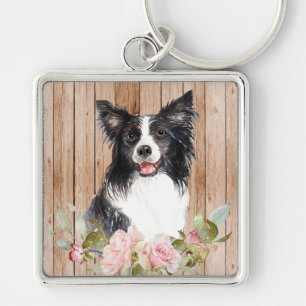 Watercolor Border Collie & Bloemen  Sleutelhanger