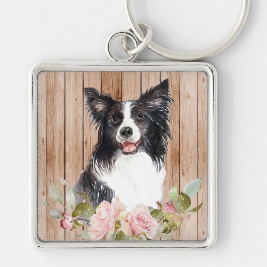 Watercolor Border Collie & Bloemen Sleutelhanger (Voorkant)