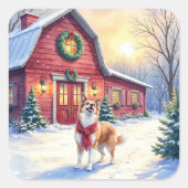 Watercolor Border Collie Country Barn Christmas Vierkante Sticker (Voorkant)