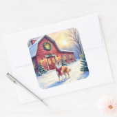 Watercolor Border Collie Country Barn Christmas Vierkante Sticker (Envelop)