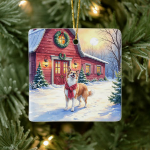 Watercolor Border Collie Landelijke Schuur Kerstmi Keramisch Ornament