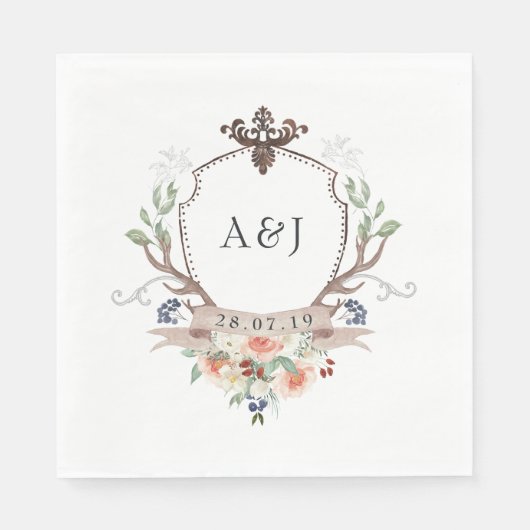 Watercolor Bos Laurels Crest Monogram Bruiloft Servet (Voorkant)