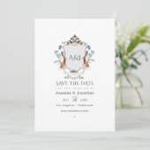 Watercolor Bosland Laurier Crest Monogram Bruiloft Save The Date (Staand voorkant)