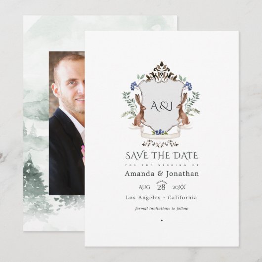 Watercolor Bosland Laurier Crest Monogram Bruiloft Save The Date (Voorkant / Achterkant)