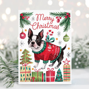 Watercolor Boston Terrier Kerstkaart
