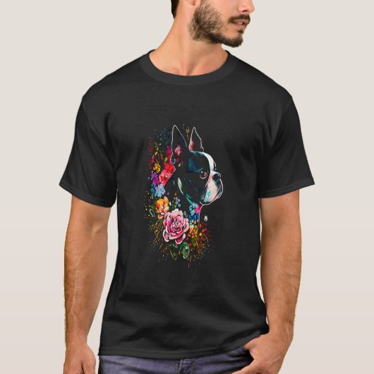 Watercolor Boston Terrier with flowers  Bostie  7 T-shirt (Voorkant)