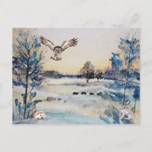Watercolor bosuil konijn winterlandschap briefkaart
