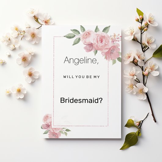 Watercolor botanic pastel pink floral Bridesmaid Kaart