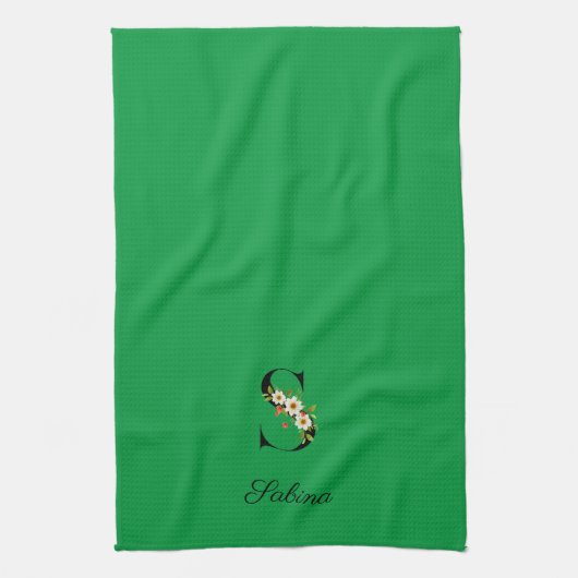 Watercolor botanical green initial monogram theedoek (Verticaal)