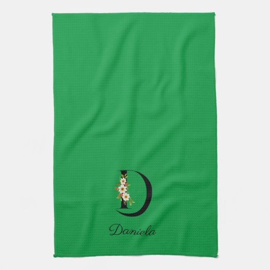 Watercolor botanical green initial monogram theedoek (Verticaal)