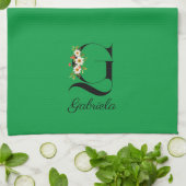 Watercolor botanical green initial monogram theedoek (Gevouwen)