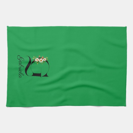 Watercolor botanical green initial monogram theedoek (Horizontaal)