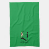 Watercolor botanical green initial monogram theedoek (Verticaal)