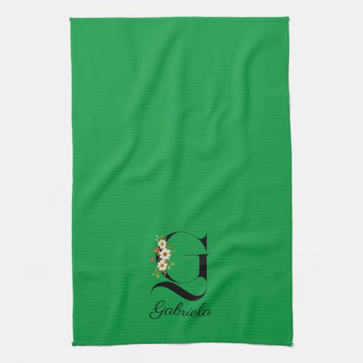 Watercolor botanical green initial monogram theedoek (Verticaal)