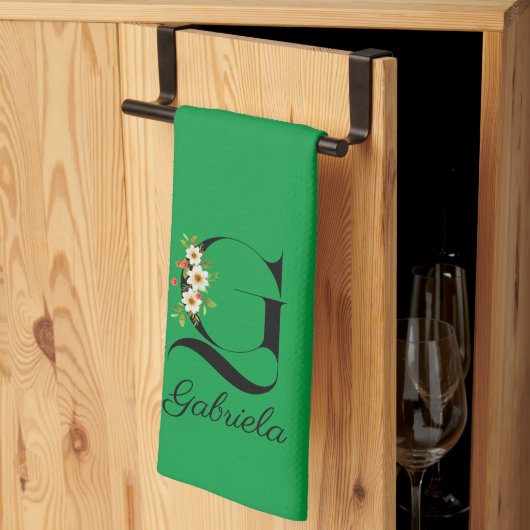 Watercolor botanical green initial monogram theedoek (Derde Gevouwen)