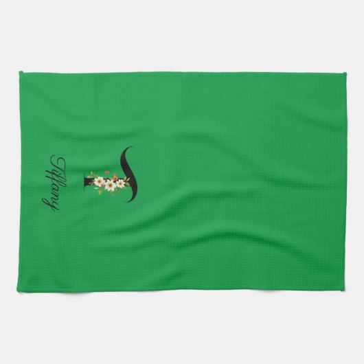 Watercolor botanical green initial monogram theedoek (Horizontaal)