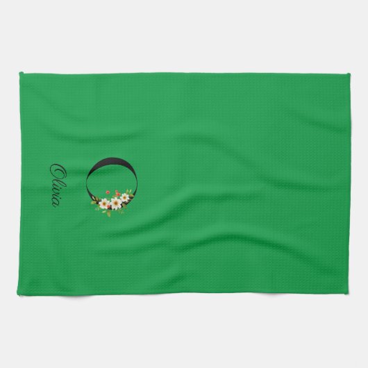 Watercolor botanical green initial monogram theedoek (Horizontaal)