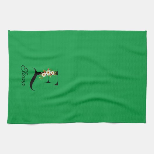 Watercolor botanical green initial monogram theedoek (Horizontaal)