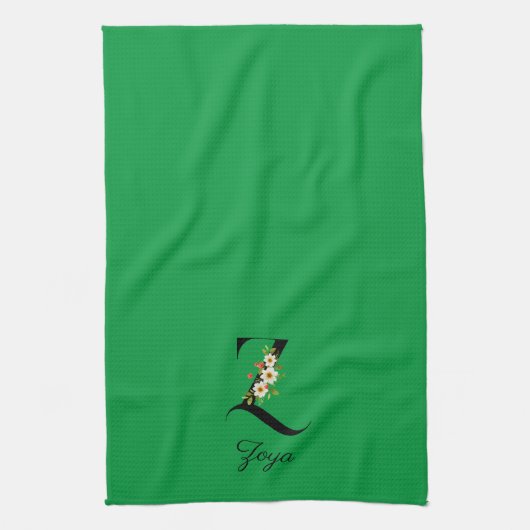 Watercolor botanical green initial monogram theedoek (Verticaal)