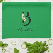 Watercolor botanical green initial monogram theedoek (Gevouwen)