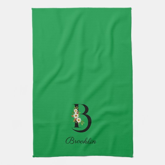 Watercolor botanical green initial monogram theedoek (Verticaal)