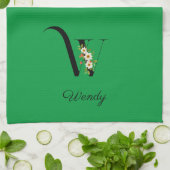 Watercolor botanical green initial monogram theedoek (Gevouwen)