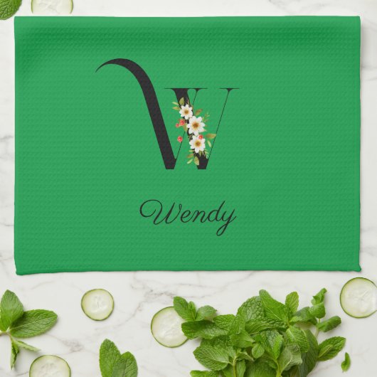 Watercolor botanical green initial monogram theedoek (Gevouwen)