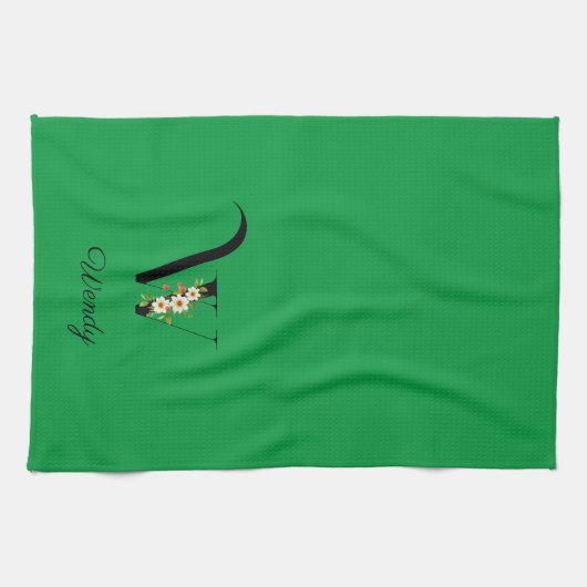 Watercolor botanical green initial monogram theedoek (Horizontaal)