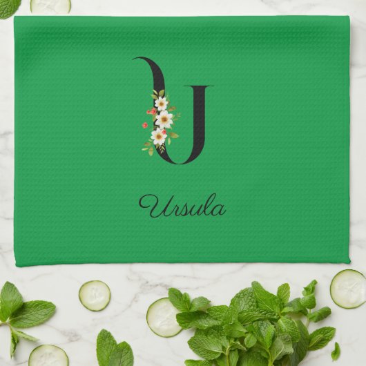 Watercolor botanical green initial monogram theedoek (Gevouwen)