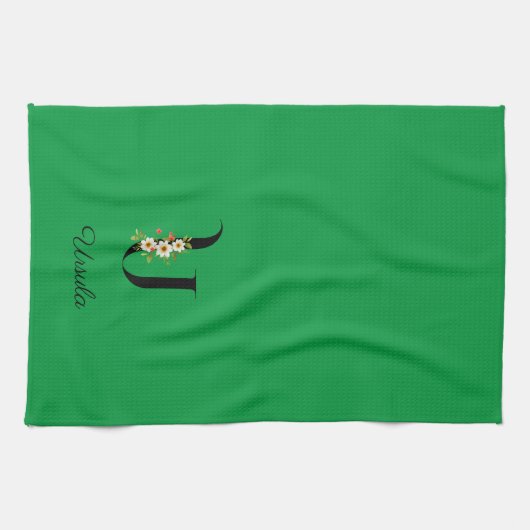 Watercolor botanical green initial monogram theedoek (Horizontaal)