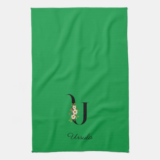 Watercolor botanical green initial monogram theedoek (Verticaal)