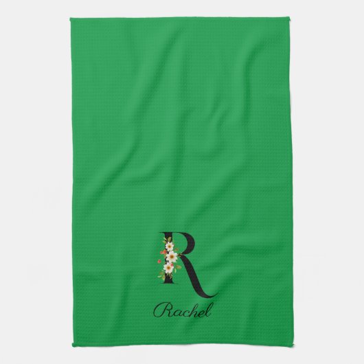 Watercolor botanical green initial monogram theedoek (Verticaal)