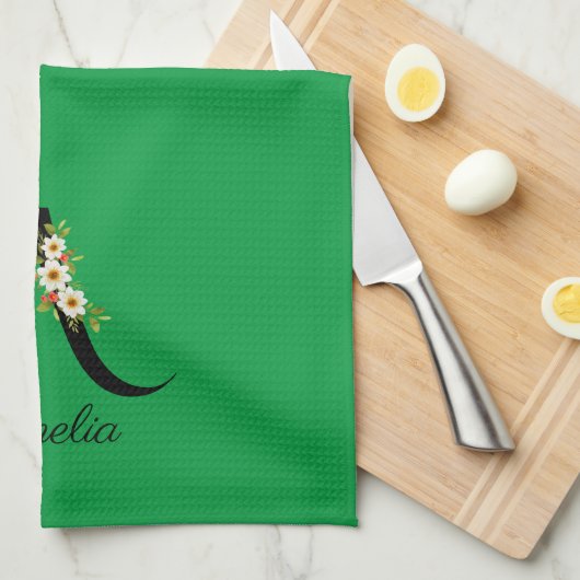 Watercolor botanical green initial monogram theedoek (Quarter Fold)