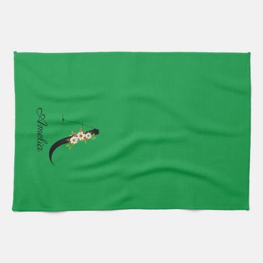 Watercolor botanical green initial monogram theedoek (Horizontaal)