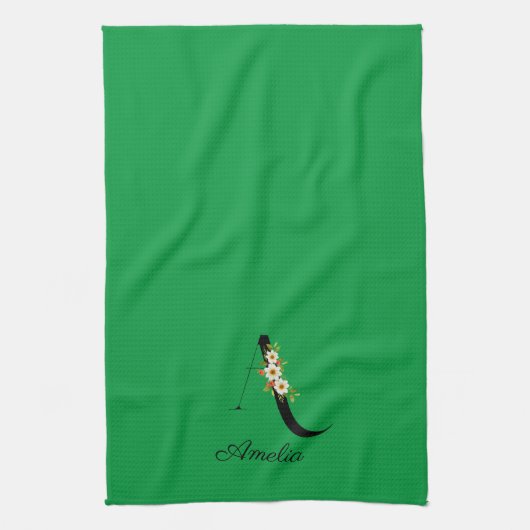 Watercolor botanical green initial monogram theedoek (Verticaal)