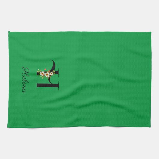 Watercolor botanical green initial monogram theedoek (Horizontaal)