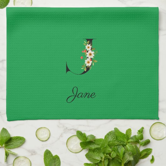 Watercolor botanical green initial monogram theedoek (Gevouwen)