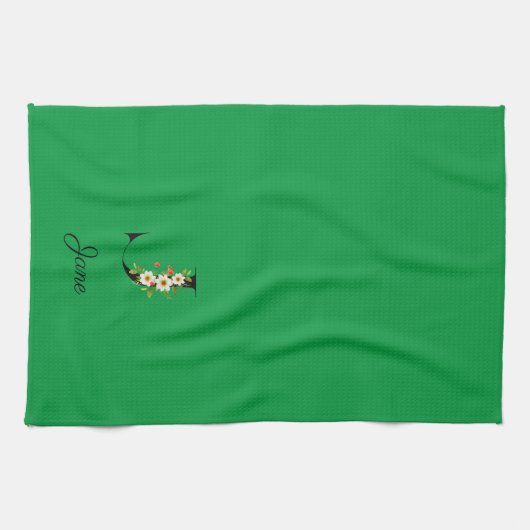 Watercolor botanical green initial monogram theedoek (Horizontaal)