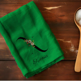 Watercolor botanical green initial monogram theedoek