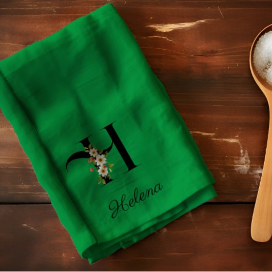 Watercolor botanical green initial monogram theedoek