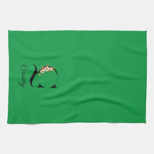 Watercolor botanical green initial monogram theedoek (Horizontaal)