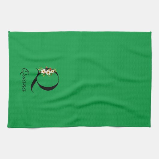 Watercolor botanical green initial monogram theedoek (Horizontaal)